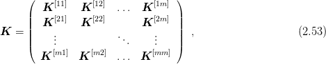       (  K [11]  K [12] ...  K  [1m] )
      |    [21]    [22]         [2m] |
      ||  K      K           K      ||
K  =  ||    ...           ...     ...   ||  ,                    (2.53 )
      (    [m1]    [m2]        [mm ])
        K       K      ...  K
